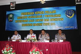Sambutan dari Kepala Dinas perhubungan Kabupaten Magetan pada kegiatan sosialisasi/penyuluhan ket...