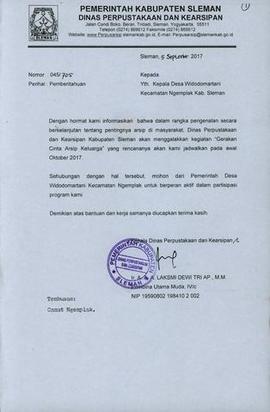 Pemberitahuan pelaksanaan sosialisasi Gerakan Cinta Arsip Keluarga di Desa Widodomartani Kecamata...