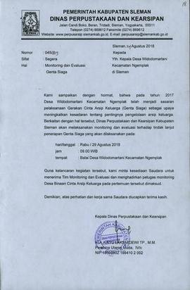 Surat pemberitahuan monev Gerakan Cinta Arsip Keluarga di Ds. Widodomartani Kecamatan Ngemplak 1