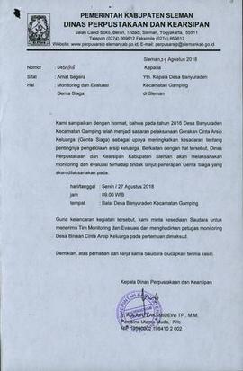 Surat pemberitahuan monev gerakan cinta arsip keluarga di Desa Banyuraden Kecamatan Gamping 1