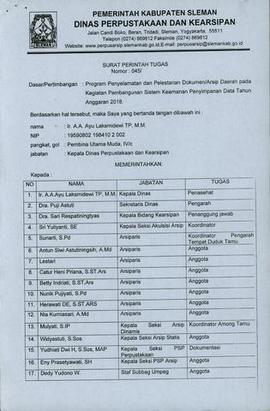 Surat Perintah Tugas untuk melaksanakan Sosialisasi Gerakan Cinta Arsip Keluarga di Desa Sendanga...