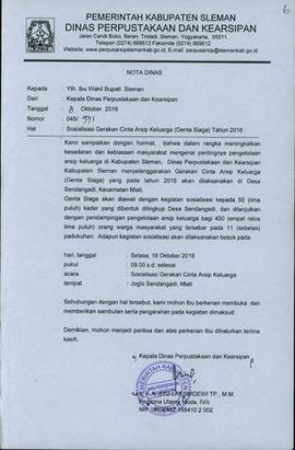 Nota Dinas Kepala Dinas Perpustakaan dan Kearsipan Kabupaten Sleman kepada Wakil Bupati Sleman un...