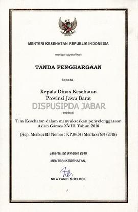 Tanda Penghargaan Tim Kesehatan dalam mensukseskan penyelenggaraan Asian Games XVIII Tahun 2018 -...