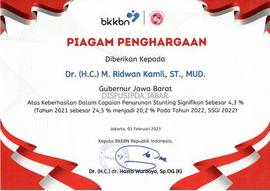 Piagam Penghargaan atas keberhasilan dalam Capaian Penurunan Stunting Signifikan Sebesar 4,3 % - ...