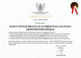 Sertifikat Penetapan Badan Pengembangan Sumber Daya Manusia Provinsi jawa Barat sebagai Lembaga P...